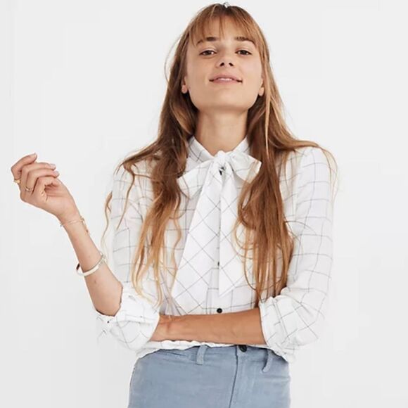 Madewell Neutral Flannel Tie-Neck Shirt in Windowpane women's sz S - Picture 3 of 16